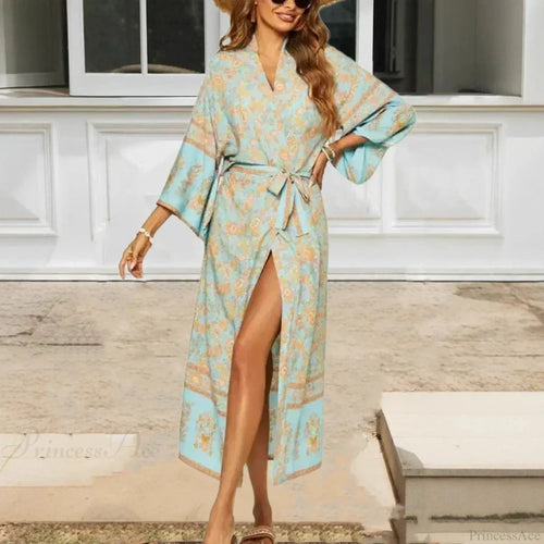 Blue Floral Sashes Boho Kimono Dress image 1