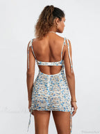 Blue Flowers Print Mini Ruched Bodycon Nightclub Floral Dress image 5