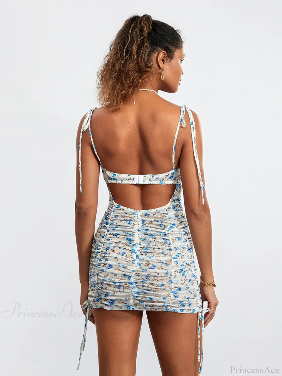 Blue Flowers Print Mini Ruched Bodycon Nightclub Floral Dress image 5