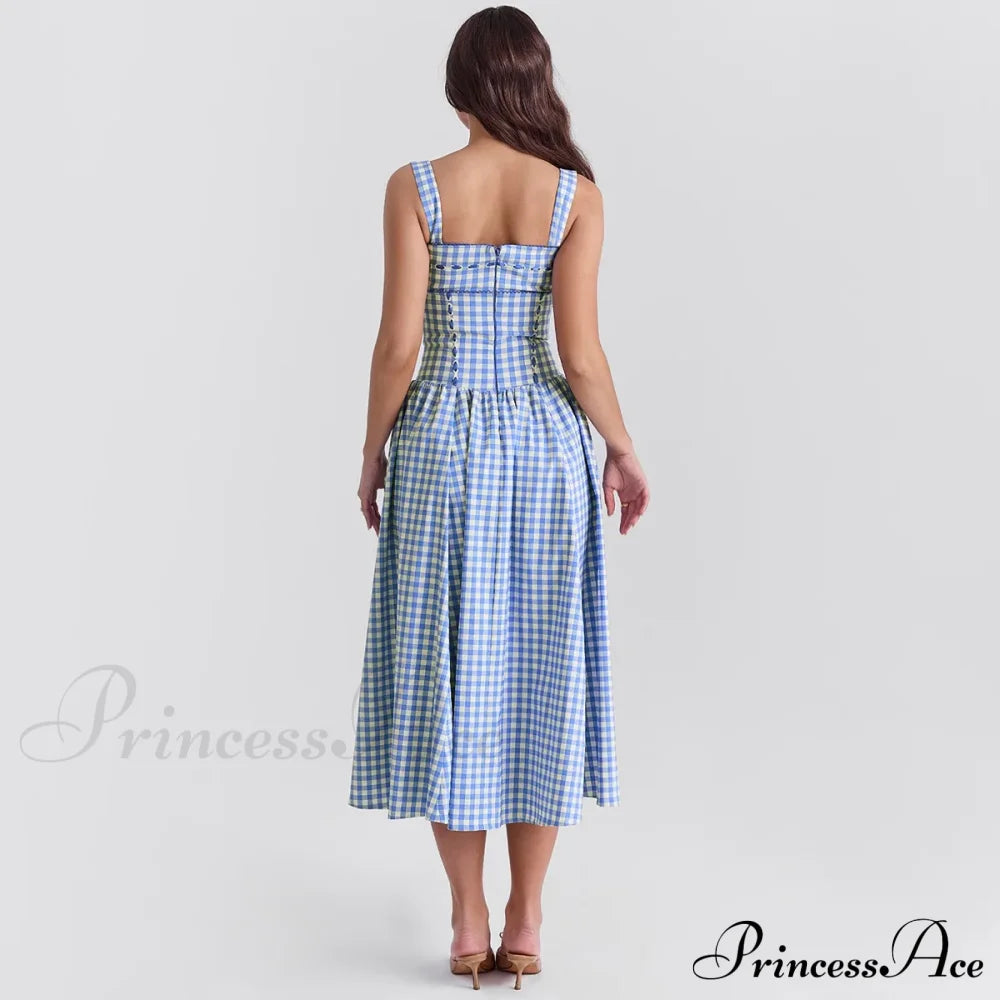 Blue Gingham Stylish Strap Midi Dress image 6