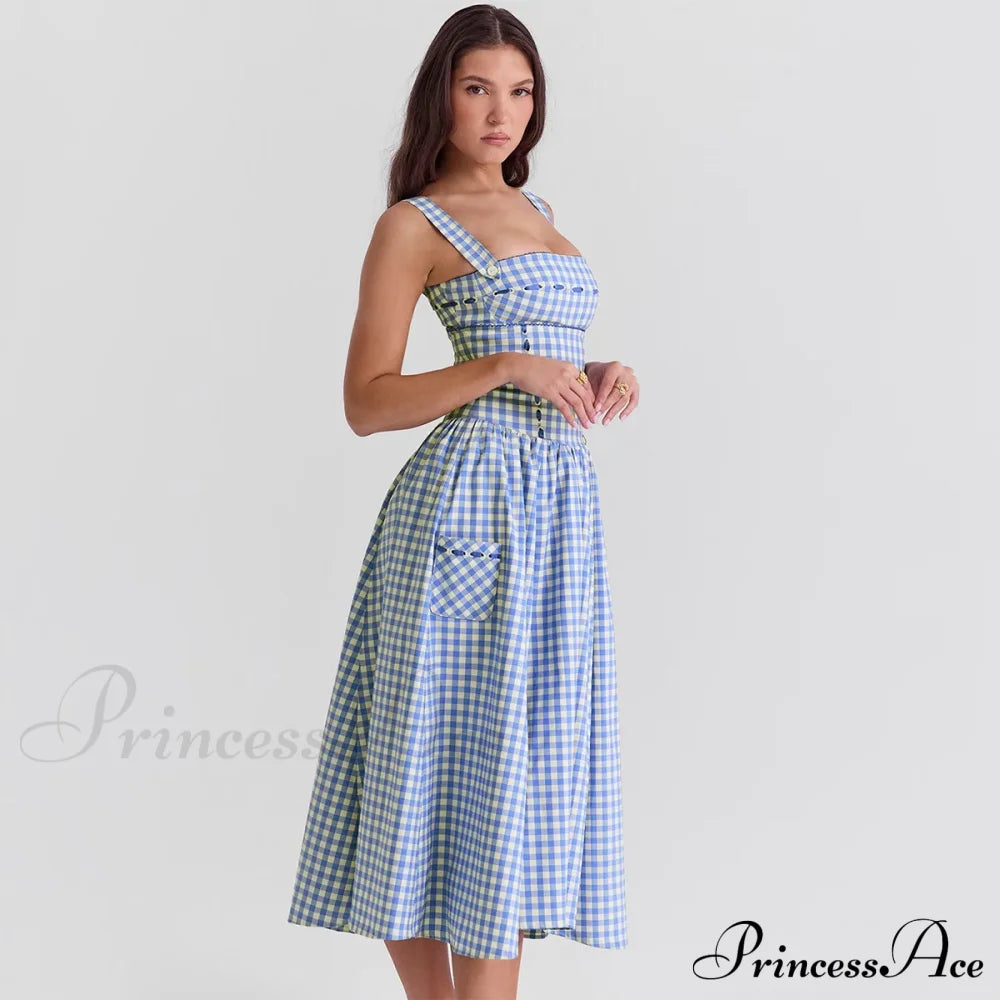 Blue Gingham Stylish Strap Midi Dress image 2