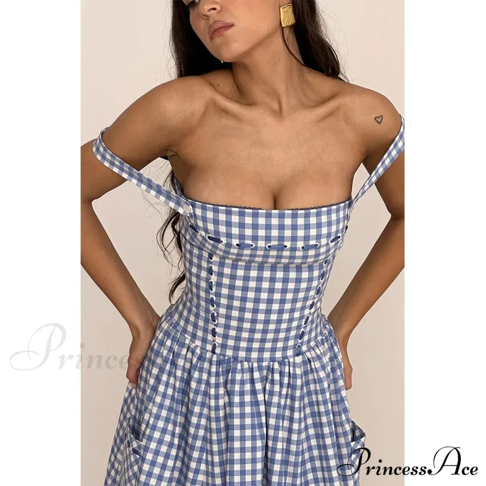 Blue Gingham Stylish Strap Midi Dress image 10