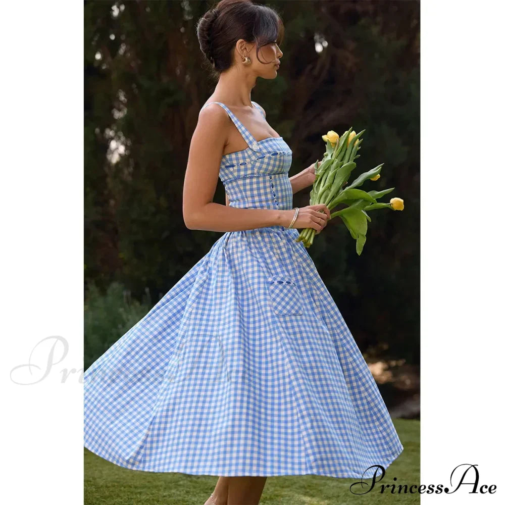 Blue Gingham Stylish Strap Midi Dress image 8