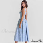 Blue Gingham Stylish Strap Midi Dress image 5