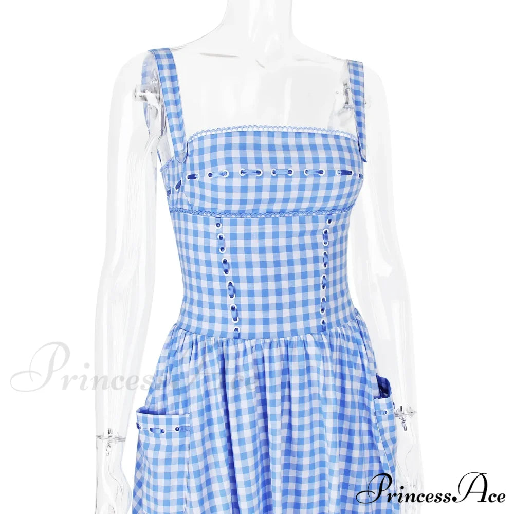 Blue Gingham Stylish Strap Midi Dress image 15