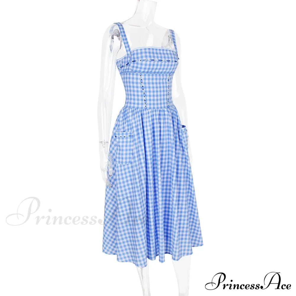 Blue Gingham Stylish Strap Midi Dress image 12