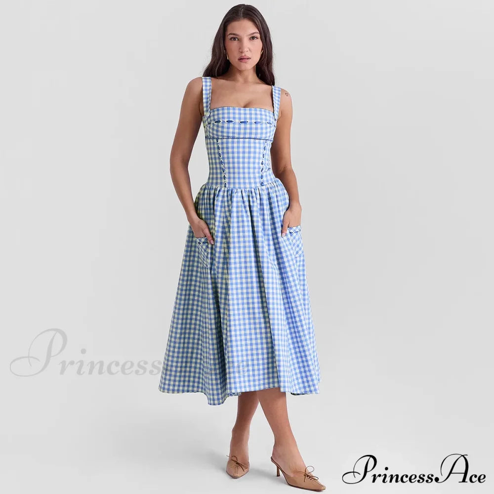 Blue Gingham Stylish Strap Midi Dress image 3