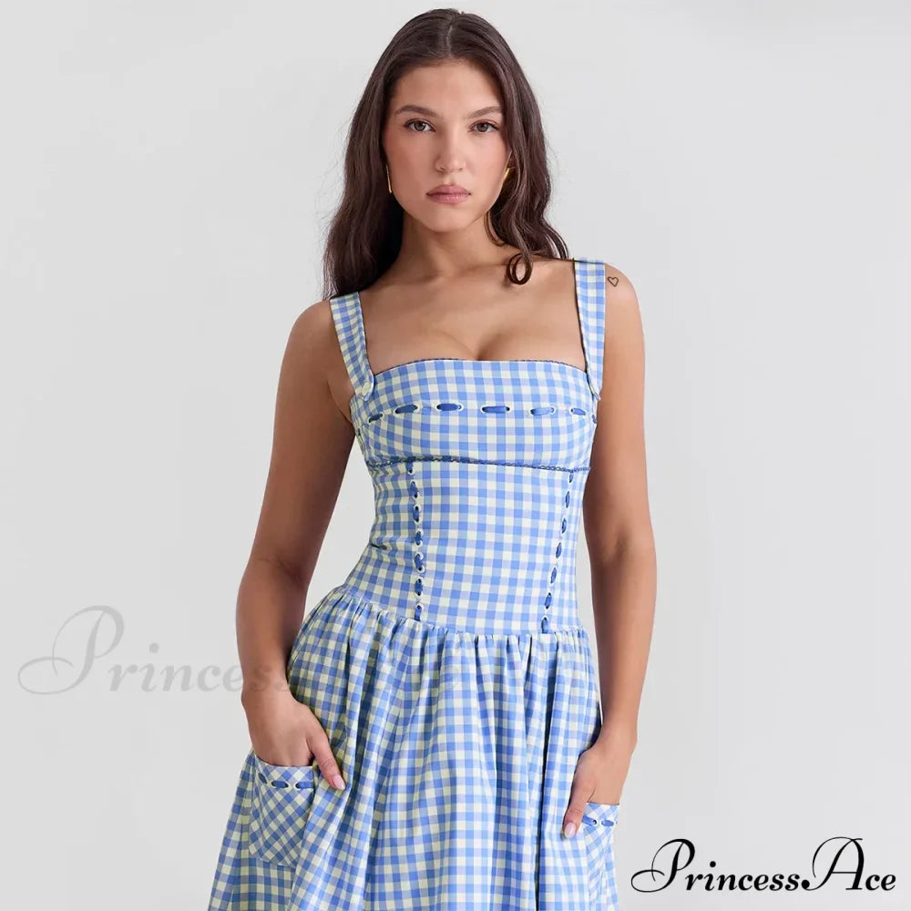 Blue Gingham Stylish Strap Midi Dress image 9