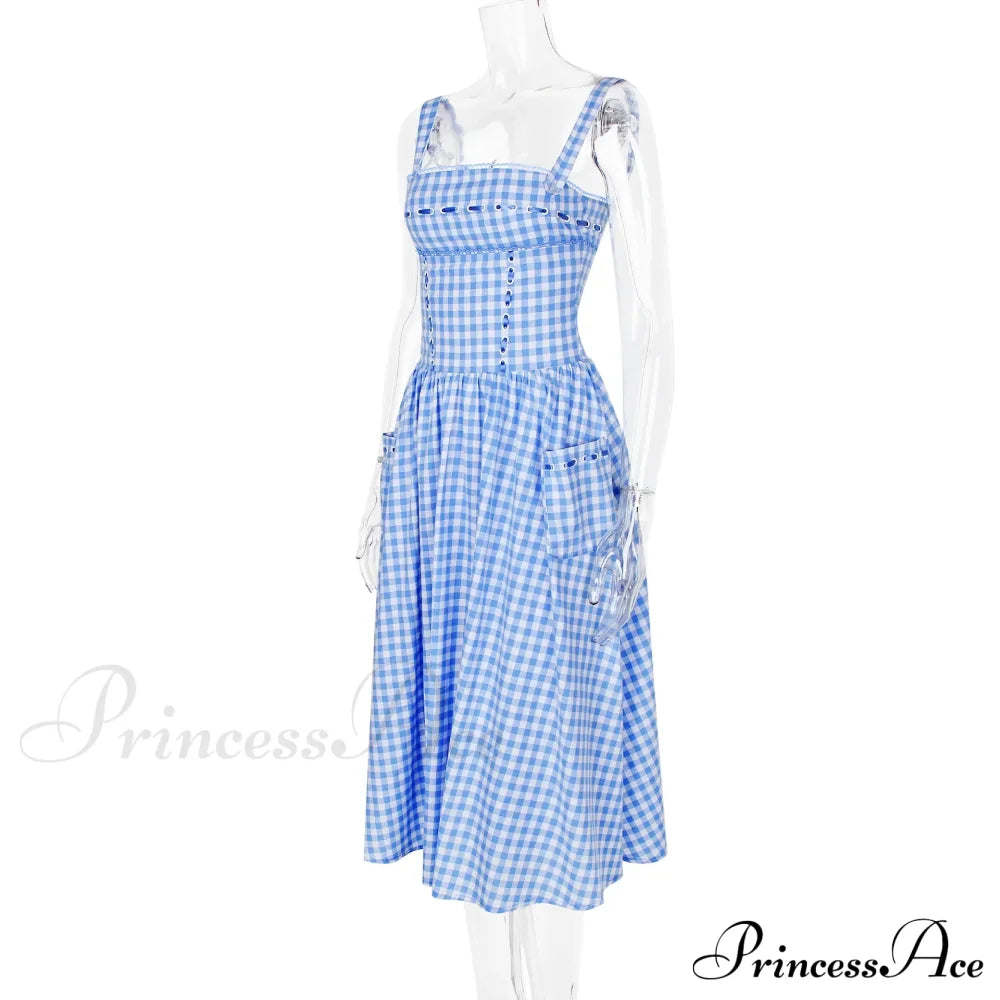 Blue Gingham Stylish Strap Midi Dress image 13