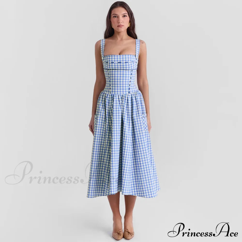 Blue Gingham Stylish Strap Midi Dress image 4