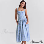 Blue Gingham Stylish Strap Midi Dress image 1