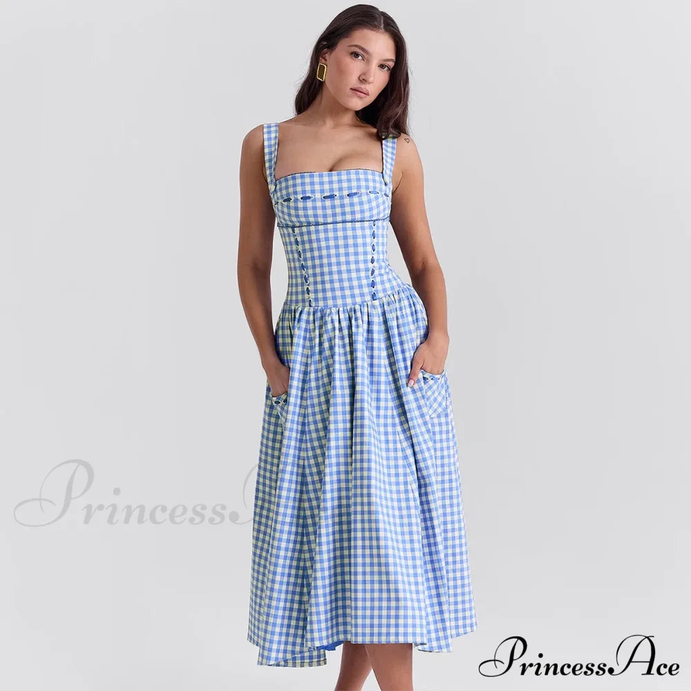 Blue Gingham Stylish Strap Midi Dress image 1