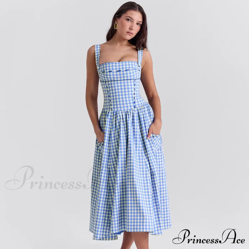 Blue Gingham Stylish Strap Midi Dress image 1