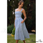 Blue Gingham Stylish Strap Midi Dress image 7
