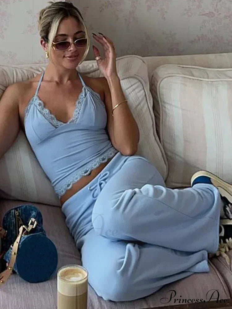 Blue Halter Crop Top Graceful And Flare Pants Set image 5