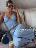 Blue Halter Crop Top Graceful And Flare Pants Set image 5