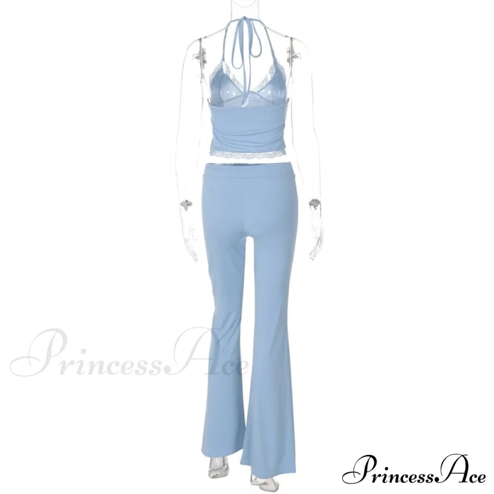 Blue Halter Crop Top Graceful And Flare Pants Set image 8