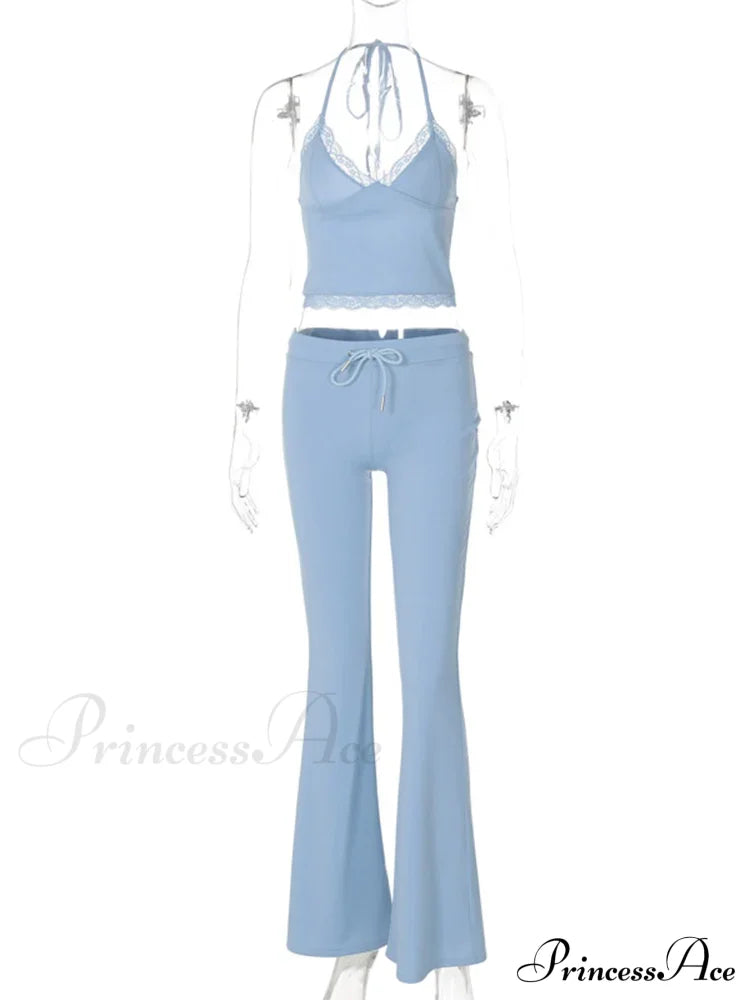 Blue Halter Crop Top Graceful And Flare Pants Set image 6