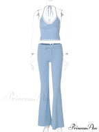 Blue Halter Crop Top Graceful And Flare Pants Set image 6