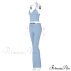 Blue Halter Crop Top Graceful And Flare Pants Set image 7
