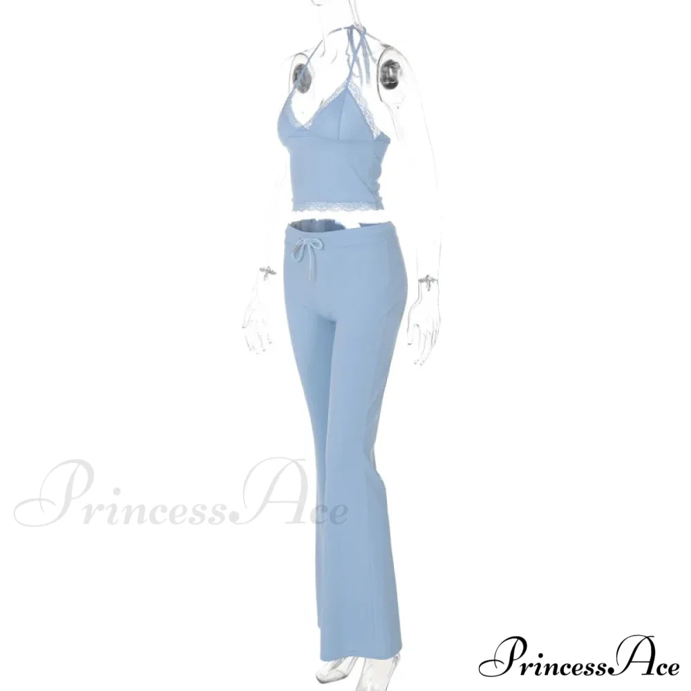 Blue Halter Crop Top Graceful And Flare Pants Set image 7