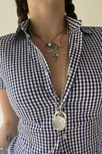 Blue Plaid Fitted Polo Collar Short Sleeve Blouse image 5