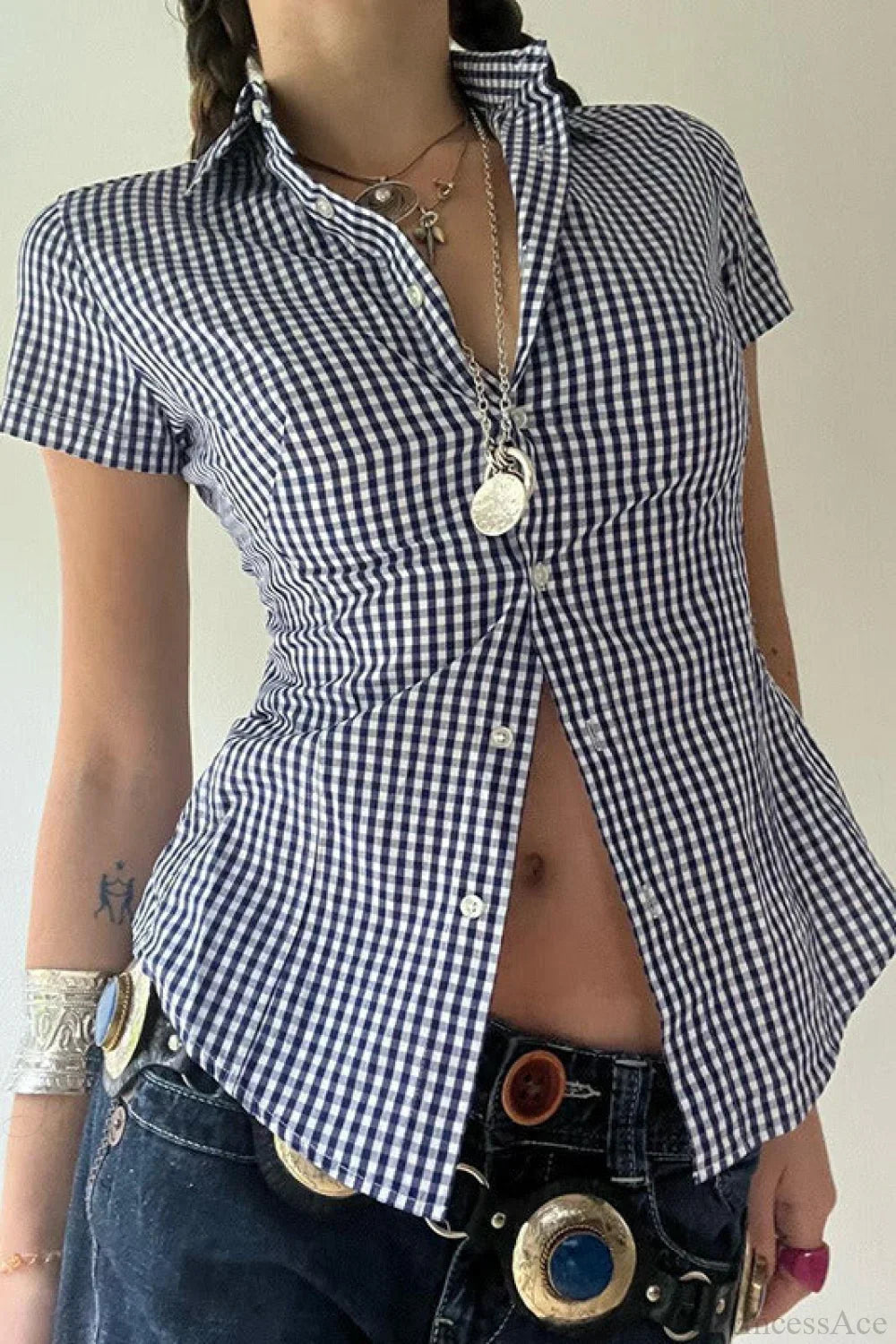Blue Plaid Fitted Polo Collar Short Sleeve Blouse image 2