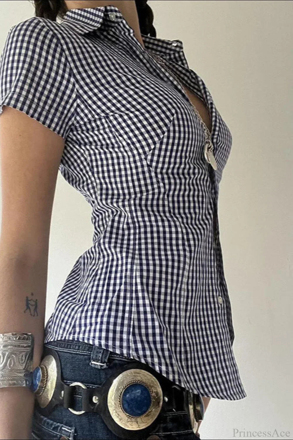 Blue Plaid Fitted Polo Collar Short Sleeve Blouse image 4