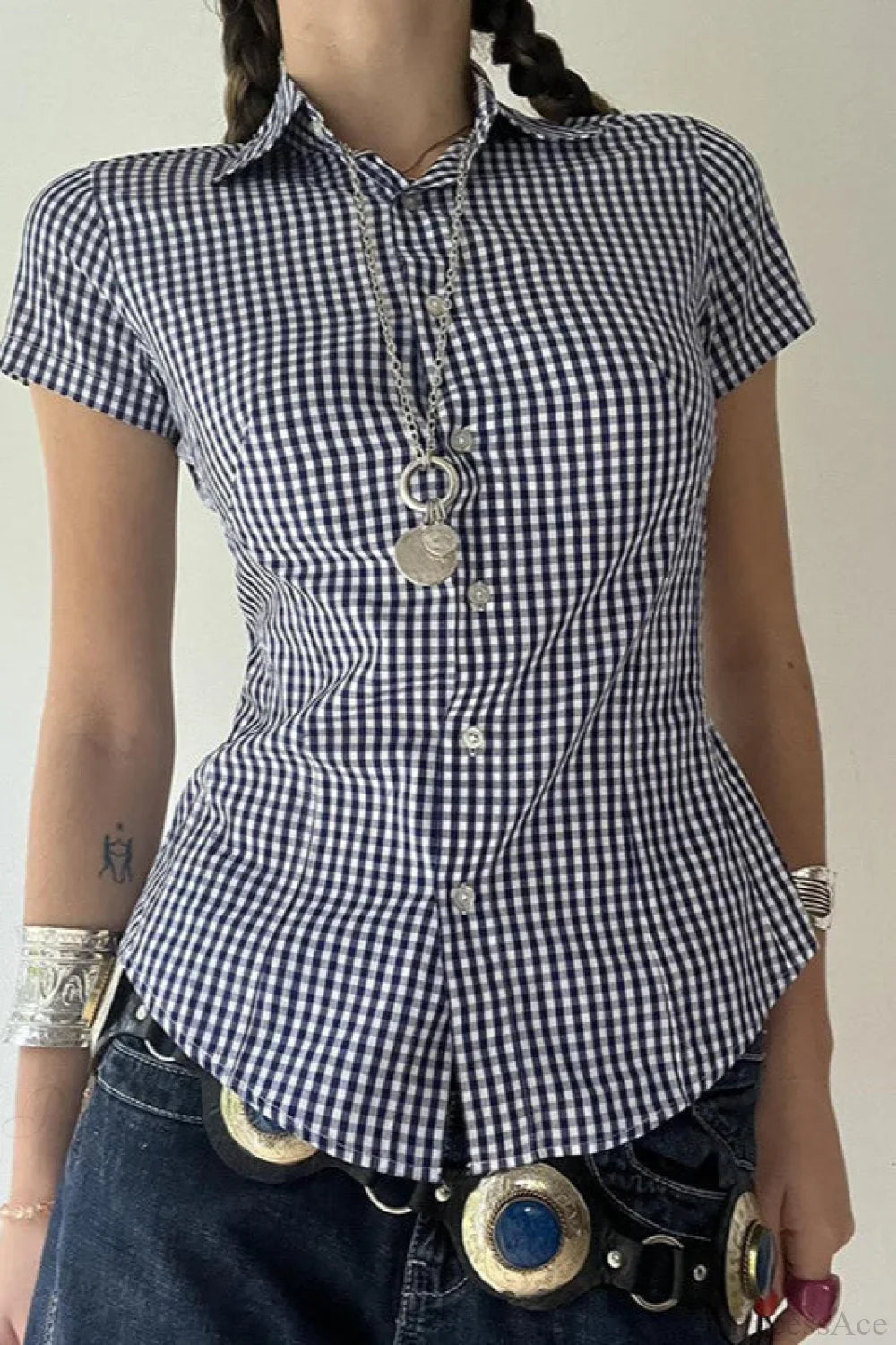 Blue Plaid Fitted Polo Collar Short Sleeve Blouse image 3