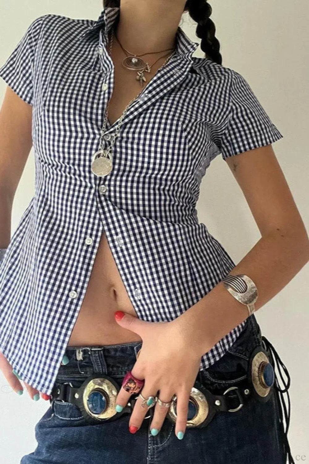 Blue Plaid Fitted Polo Collar Short Sleeve Blouse image 1