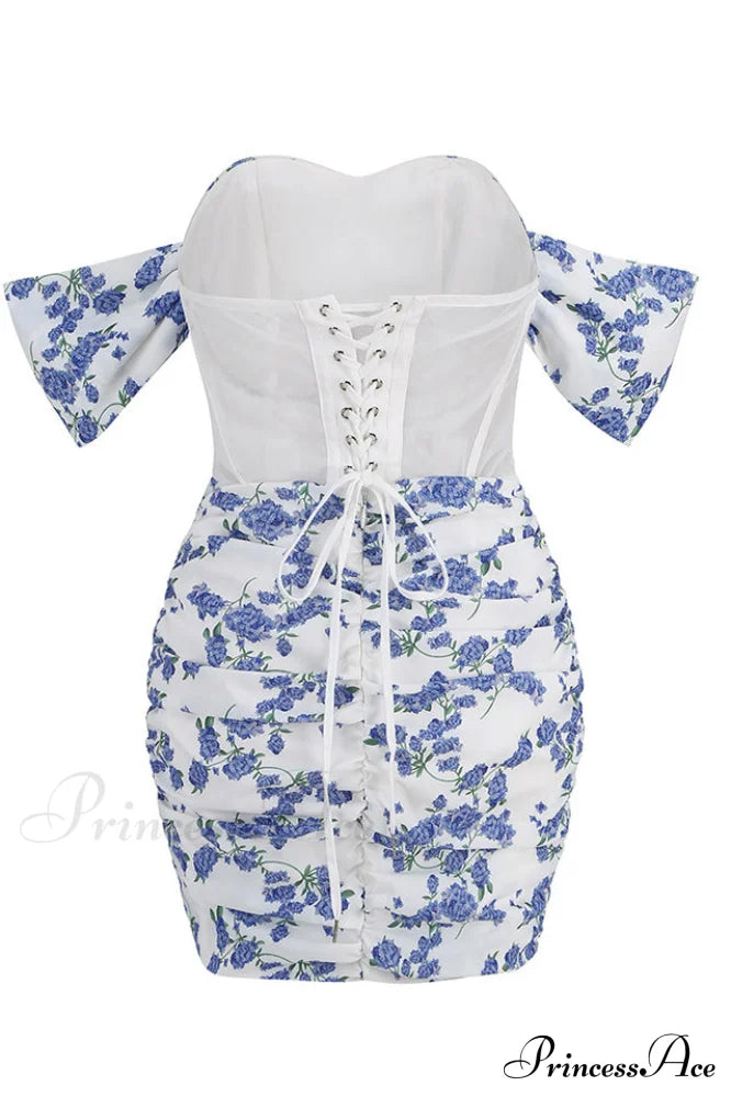 Blue Print Ruched Charming Floral Mini Dress image 6