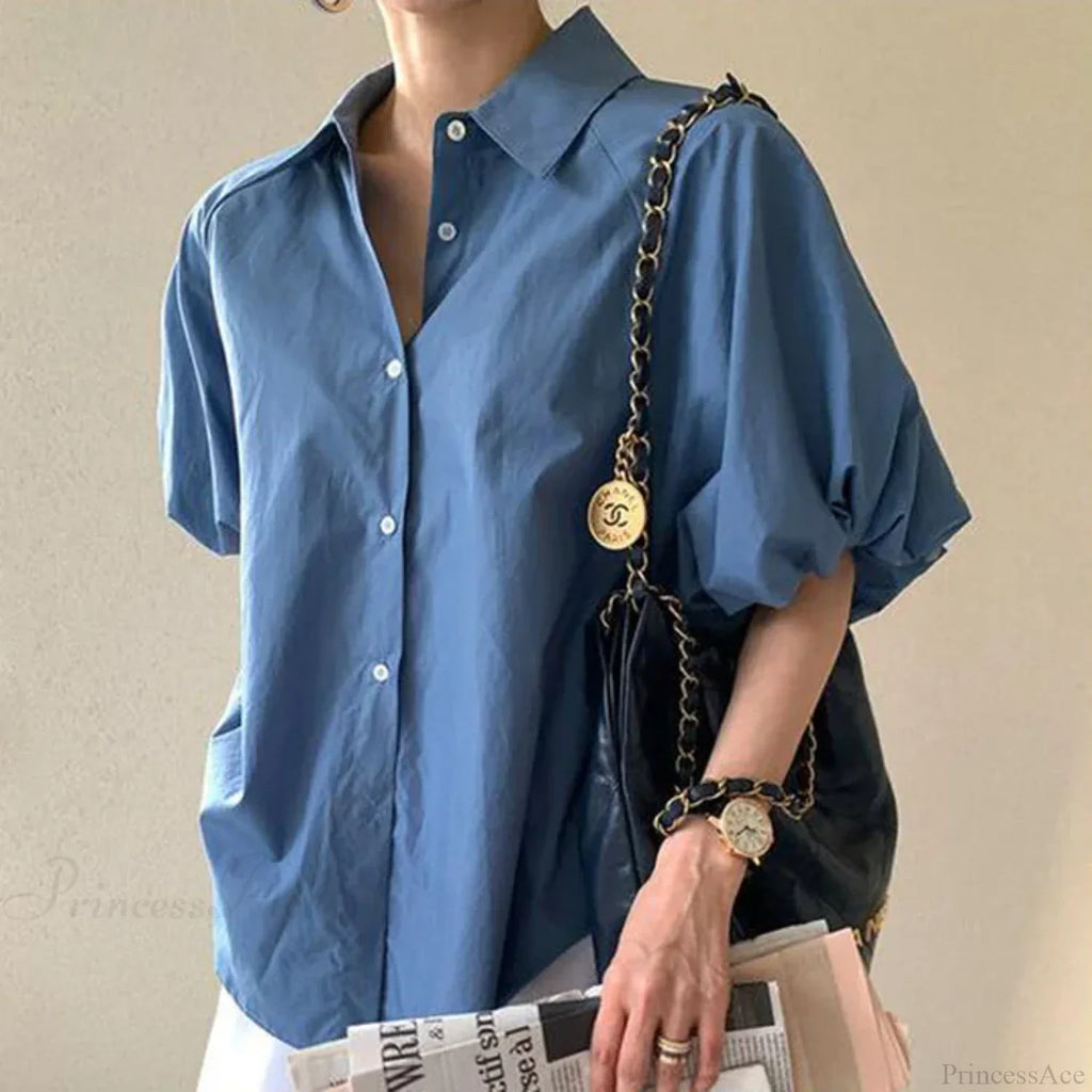 Blue Puff Sleeve Casual Loose Summer Shirt image 3