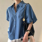 Blue Puff Sleeve Casual Loose Summer Shirt image 3