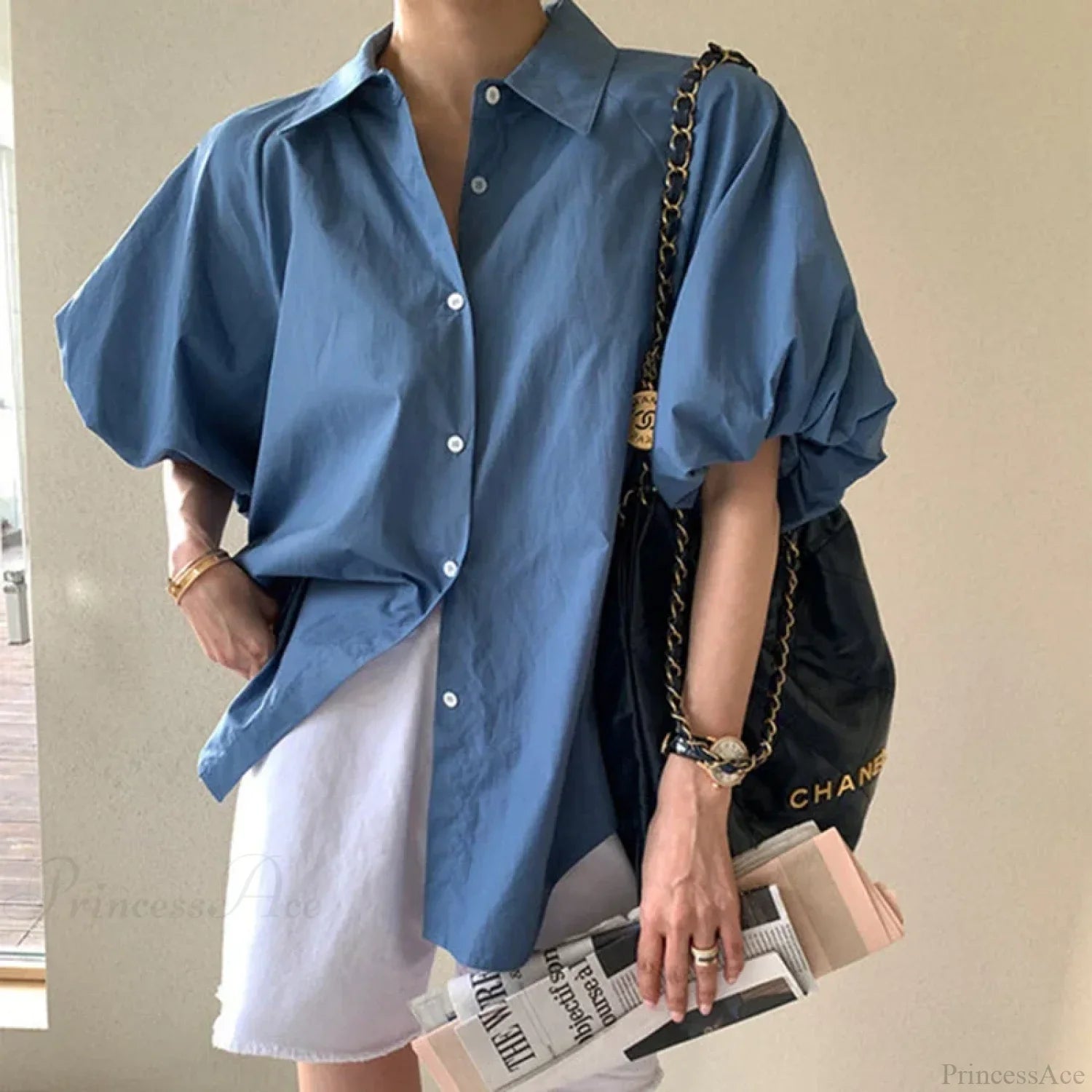 Blue Puff Sleeve Casual Loose Summer Shirt image 1