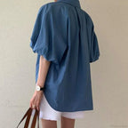 Blue Puff Sleeve Casual Loose Summer Shirt image 5