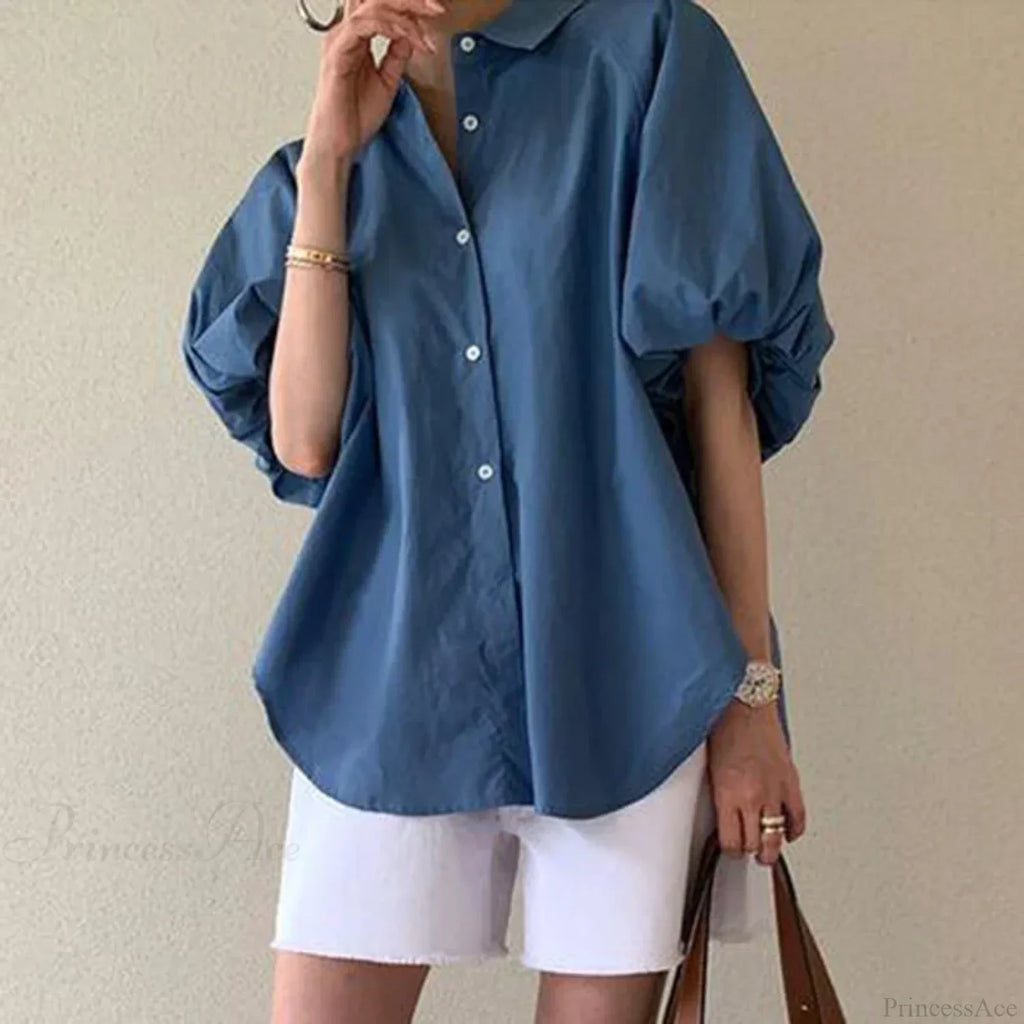 Blue Puff Sleeve Casual Loose Summer Shirt image 4
