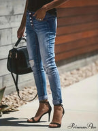 Blue Ripped Holes Denim Slim Fit Single-Breasted Button High-Stretch Casual Denim Jean image 2