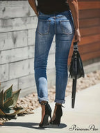 Blue Ripped Holes Denim Slim Fit Single-Breasted Button High-Stretch Casual Denim Jean image 3