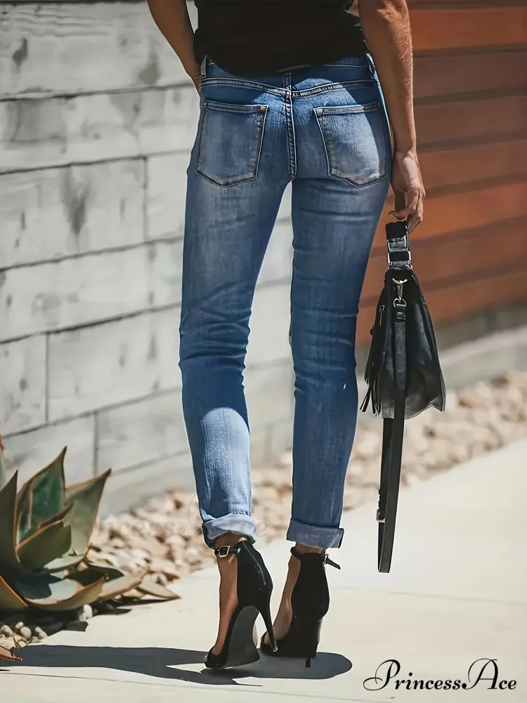 Blue Ripped Holes Denim Slim Fit Single-Breasted Button High-Stretch Casual Denim Jean image 3