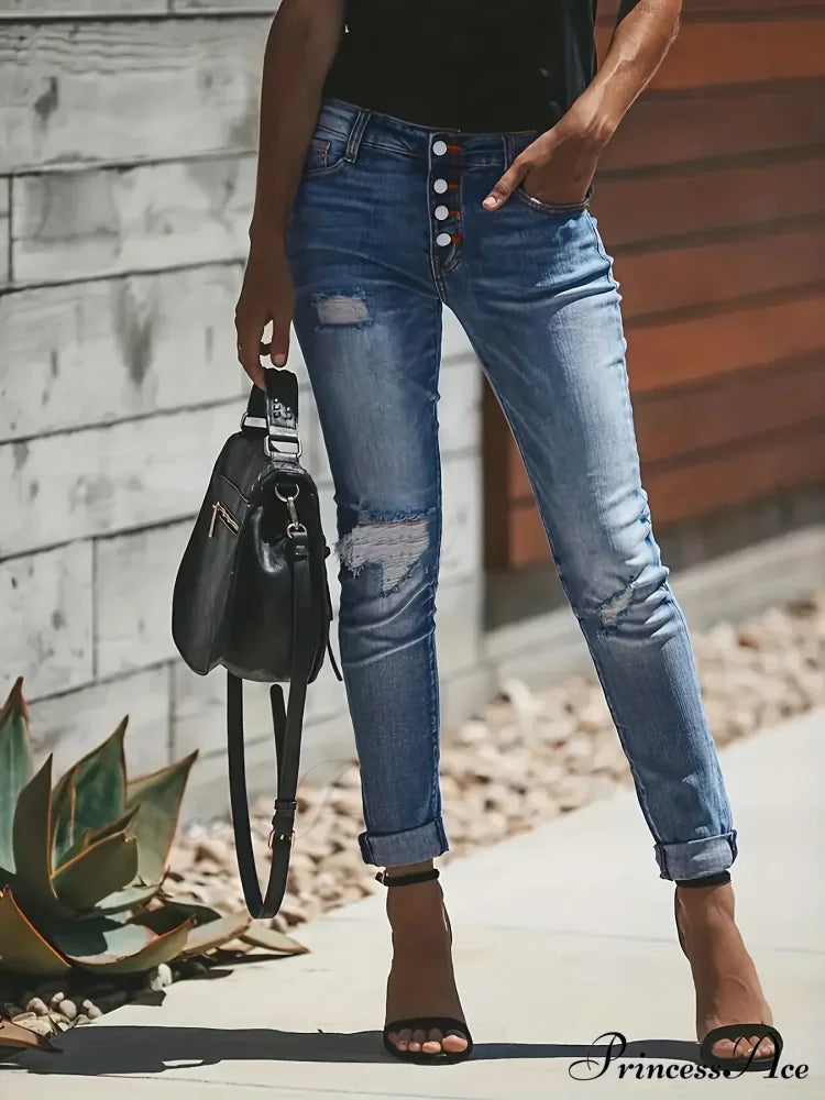 Blue Ripped Holes Denim Slim Fit Single-Breasted Button High-Stretch Casual Denim Jean image 4