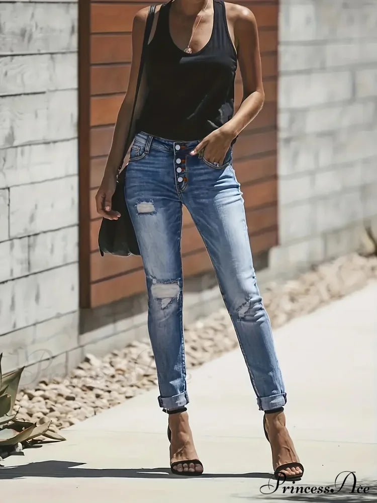 Blue Ripped Holes Denim Slim Fit Single-Breasted Button High-Stretch Casual Denim Jean image 5