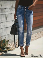 Blue Ripped Holes Denim Slim Fit Single-Breasted Button High-Stretch Casual Denim Jean image 1