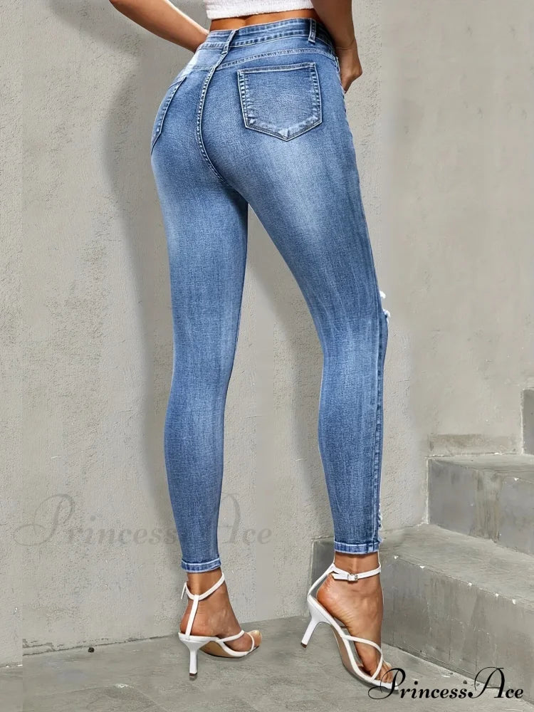 Blue Ripped Holes Skinny Slim Fit High Stretch Distressed Tight Women's Denim & Clothing Jean image 4