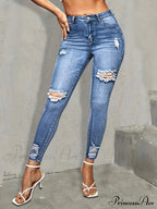 Blue Ripped Holes Skinny Slim Fit High Stretch Distressed Tight Women's Denim & Clothing Jean image 5