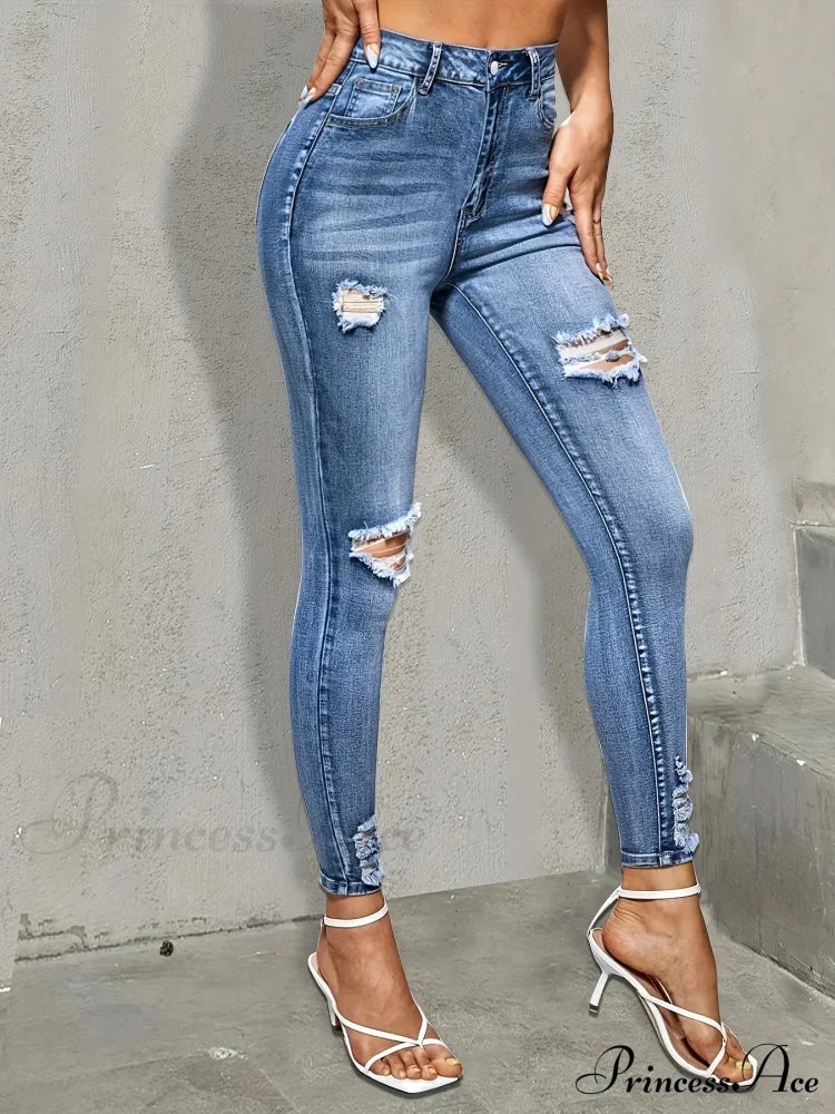 Blue Ripped Holes Skinny Slim Fit High Stretch Distressed Tight Women's Denim & Clothing Jean image 3
