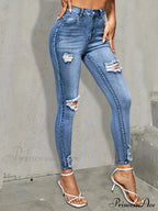 Blue Ripped Holes Skinny Slim Fit High Stretch Distressed Tight Women's Denim & Clothing Jean image 3