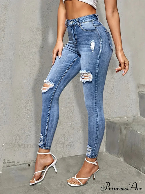 Blue Ripped Holes Skinny Slim Fit High Stretch Distressed Tight Women's Denim & Clothing Jean image 2