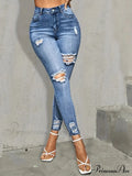 Blue Ripped Holes Skinny Slim Fit High Stretch Distressed Tight Women's Denim & Clothing Jean image 1