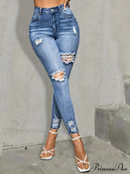 Blue Ripped Holes Skinny Slim Fit High Stretch Distressed Tight Women's Denim & Clothing Jean image 1