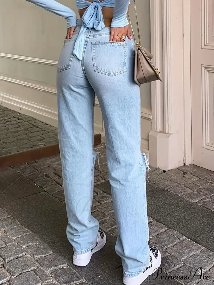 Blue Ripped Holes Straight Loose Fit Slant Pockets Non-Stretch Casual Denim Jean image 5